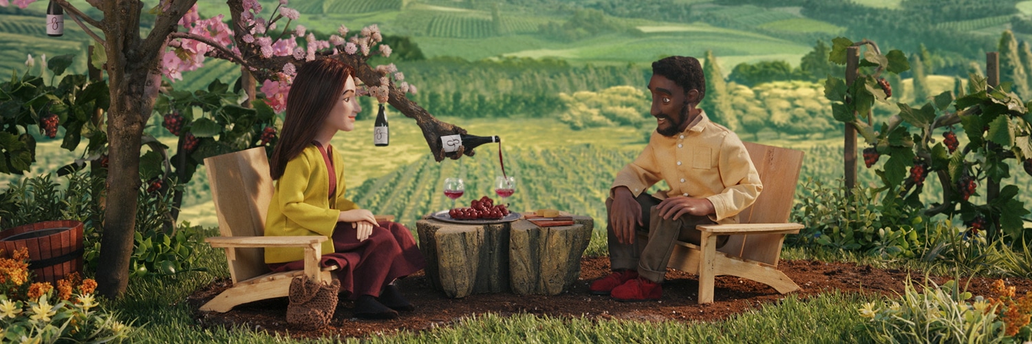 Animated scene of folks sipping wine in the Willamette Valley