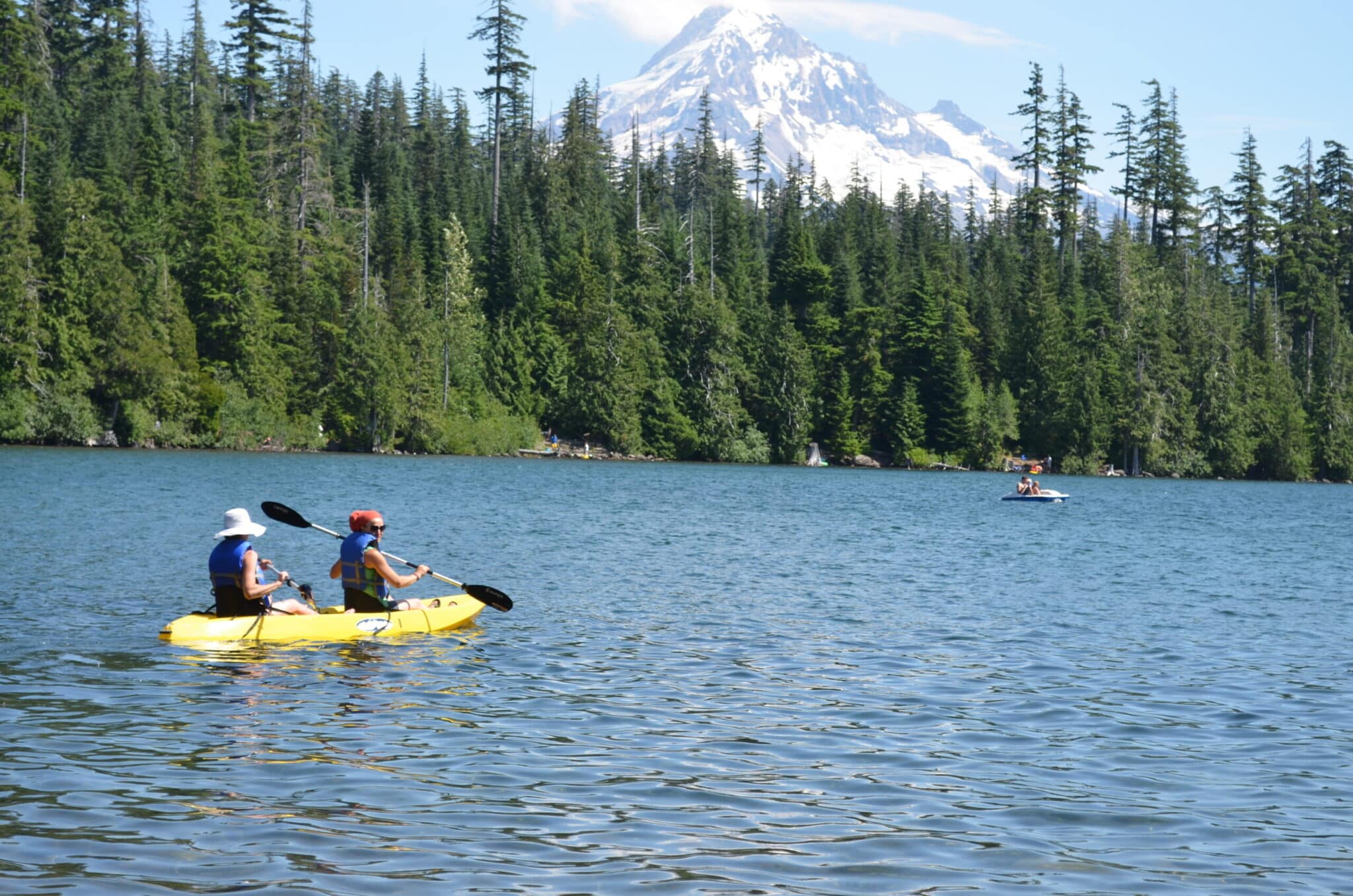 Kayakers on Lost Lake with Mt Hood in the background