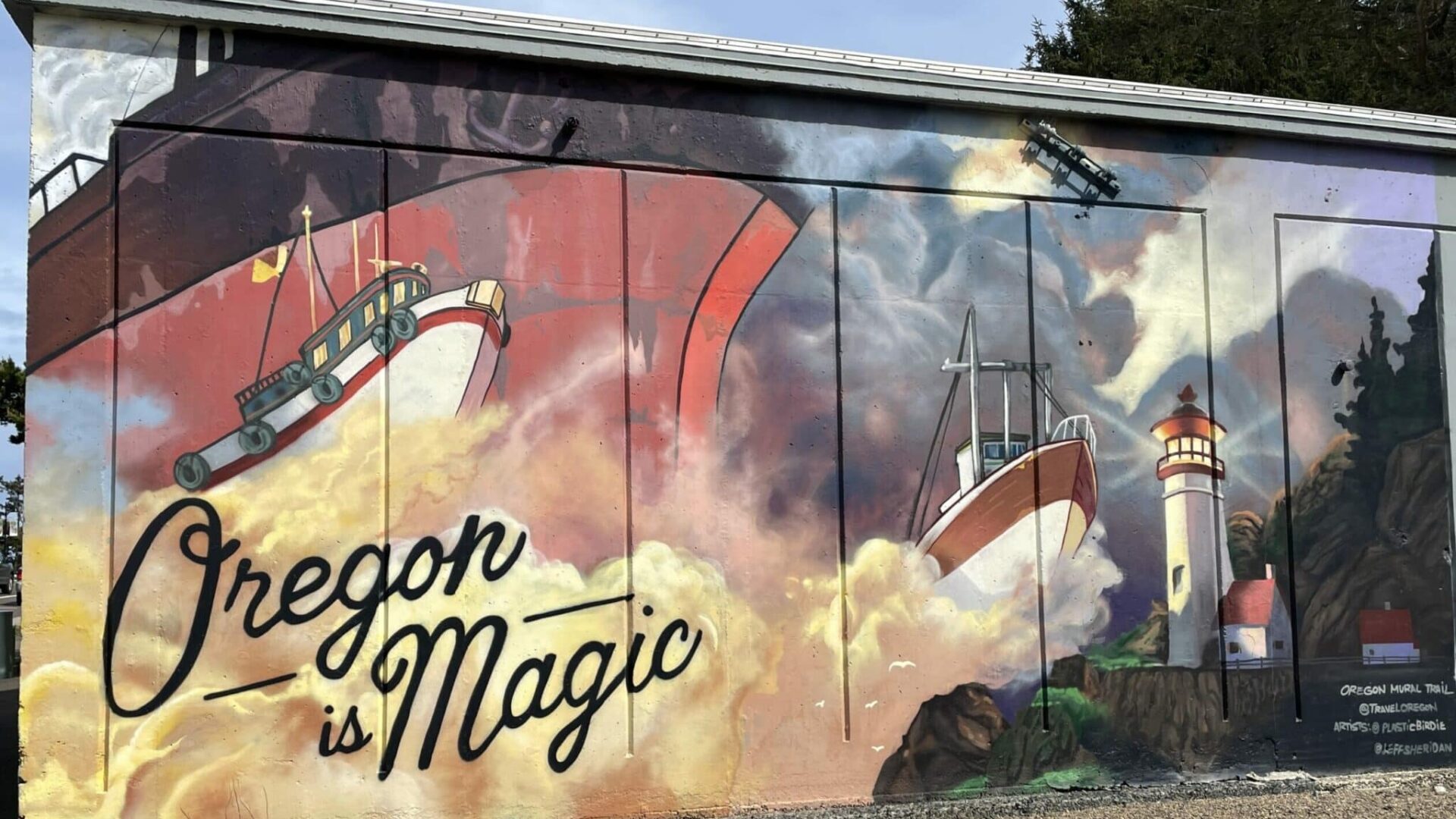 Yachats Oregon is Magic mural with large red ocean vessal on the Oregon Coast