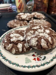 Chocolate Crinkle Cookies on a Christmas plate