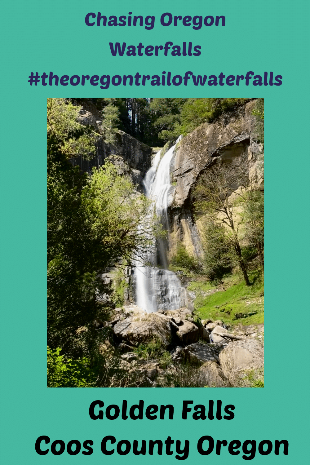 Pinterest Pin of Golden Falls and chasing waterfalls in Coos County