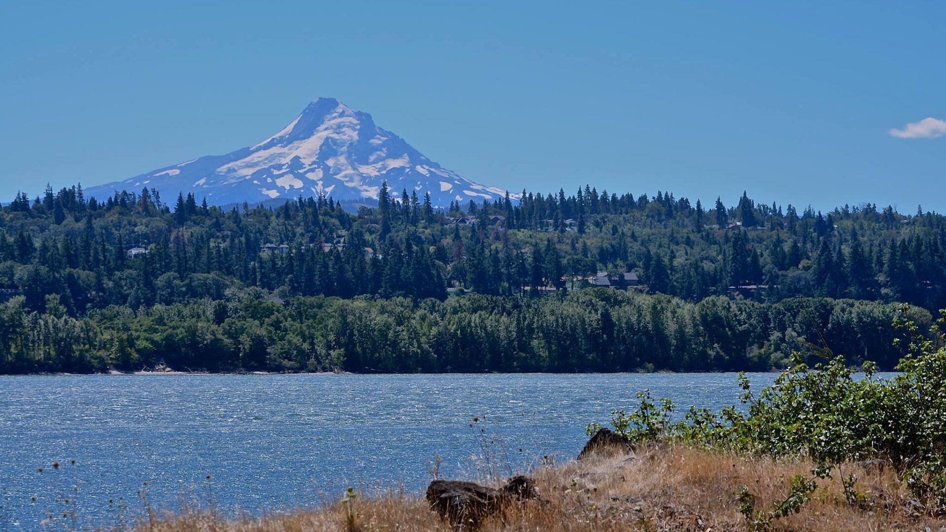 The town of Hood River across the Columbia River with Mt Hood in the background