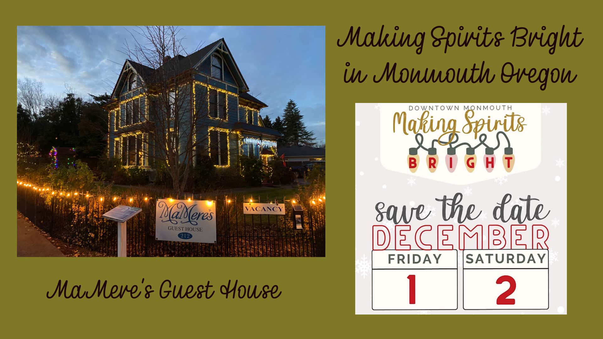 Making Spirits Bright at MaMere's Guest House Banner