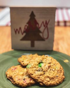Christmas Monster Cookies on a green plate