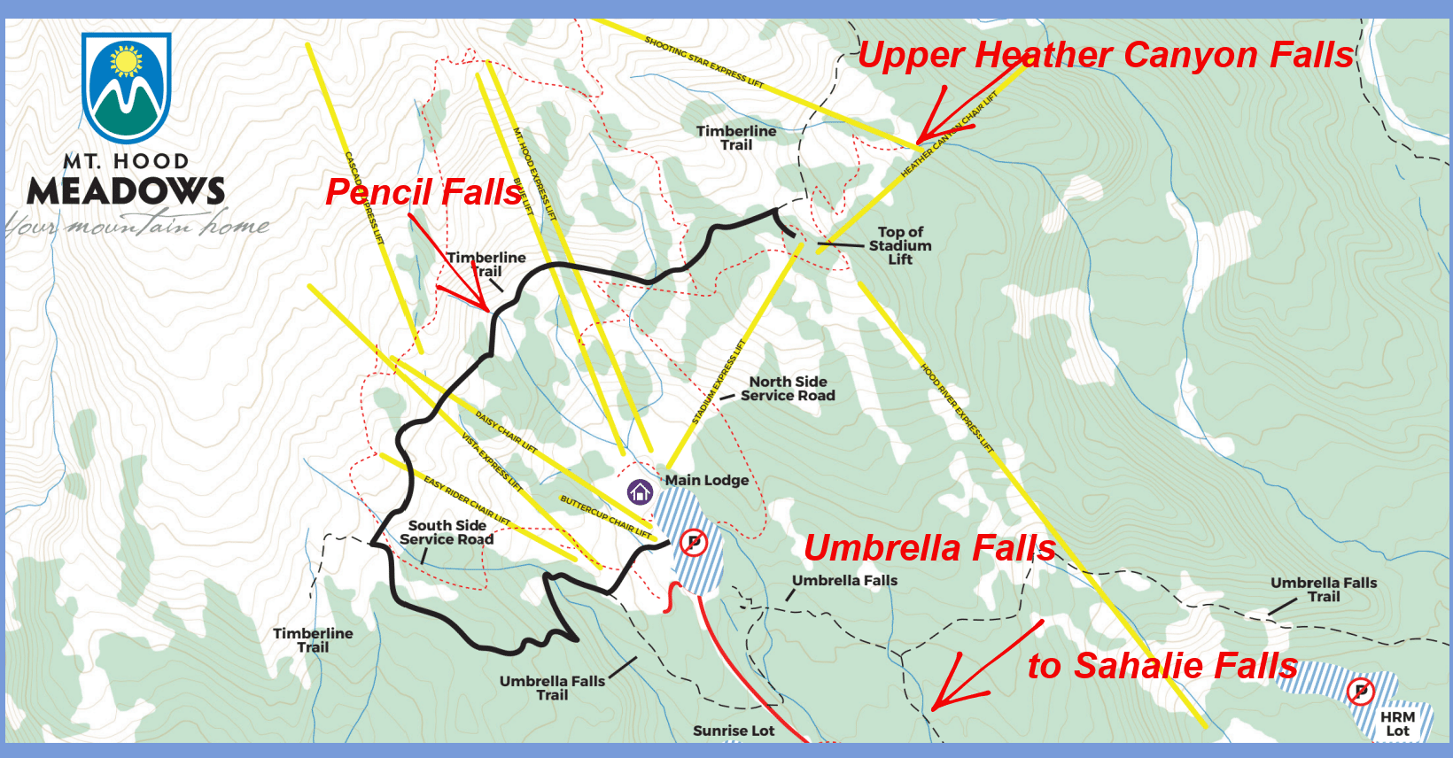 Waterfalls near Mt Hood Meadows Ski Resort map with suggested hiking trail