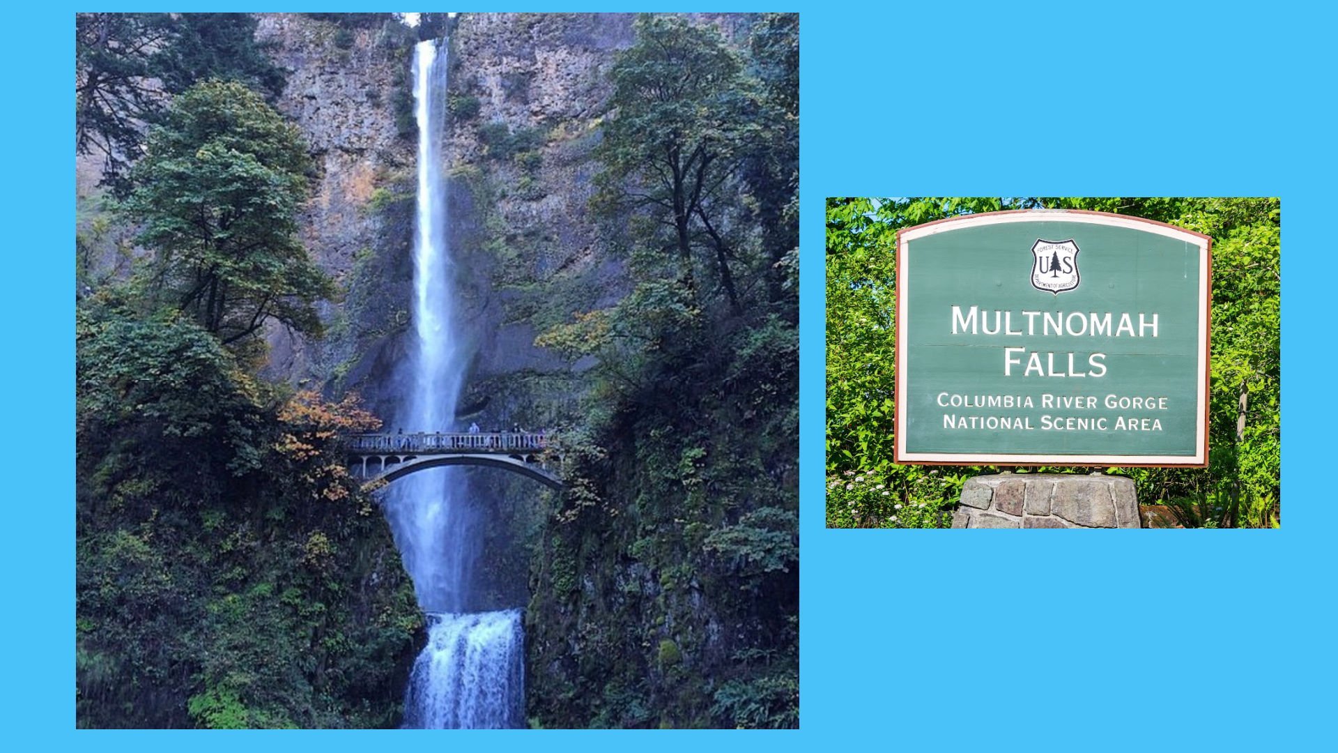 Multnomah Falls and the Columbia River Scenic Area sign