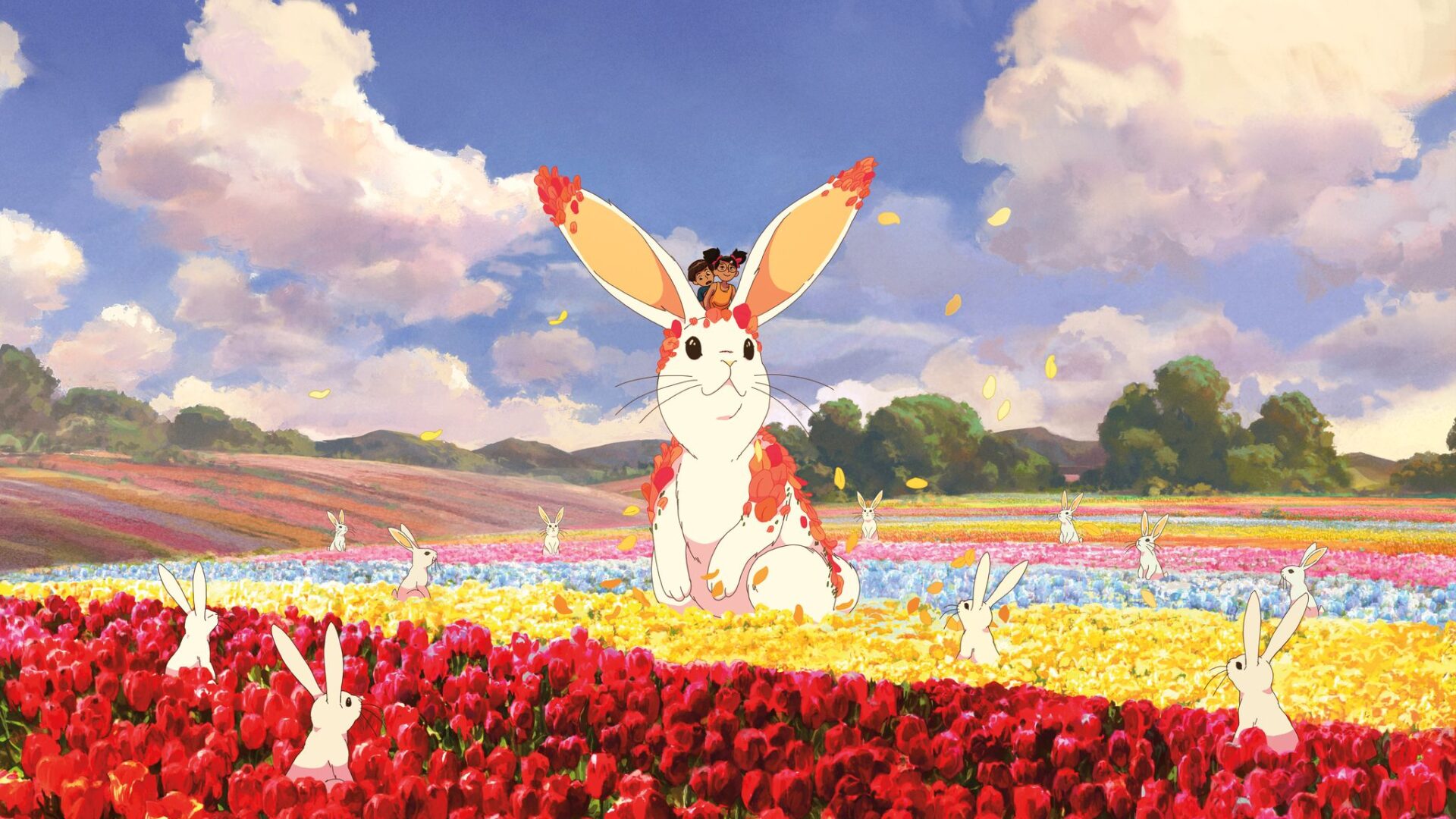 Extraordinary is Ordinary bunny from Travel Oregon in a tulip field