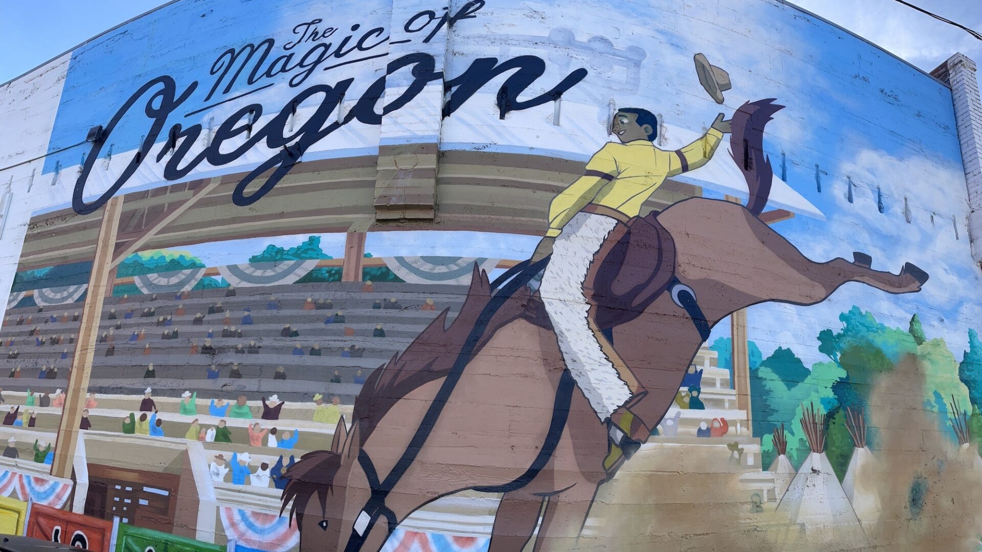 Pendleton Oregon Mural Trail George Fletcher riding a bucking bronco