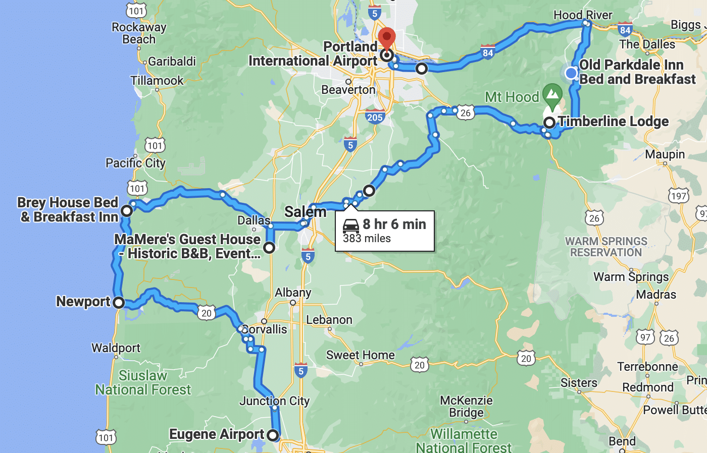 Waves and Wines, Cascade Peaks and Waterfalls route map