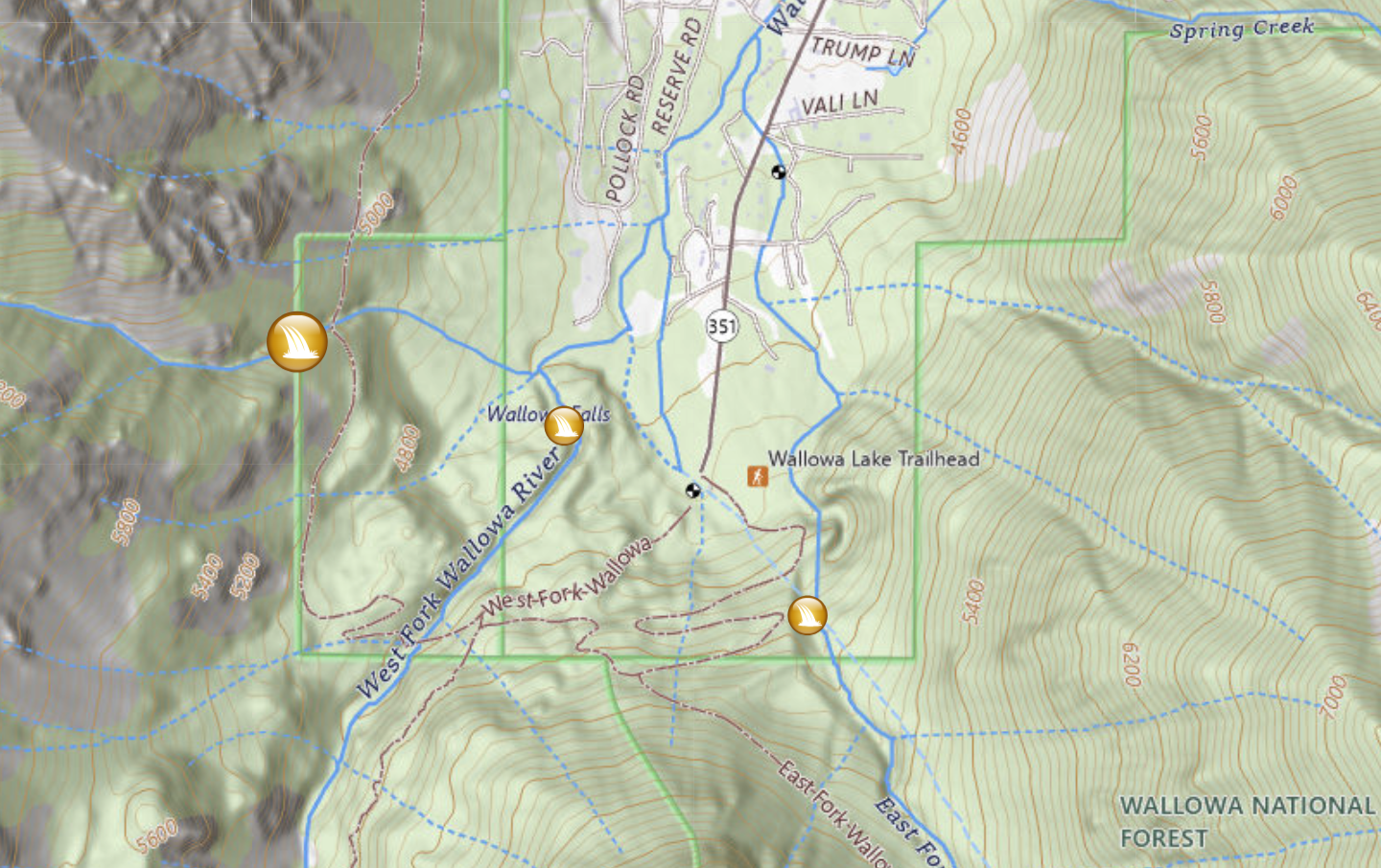 map of waterfalls near Joseph Oregon
