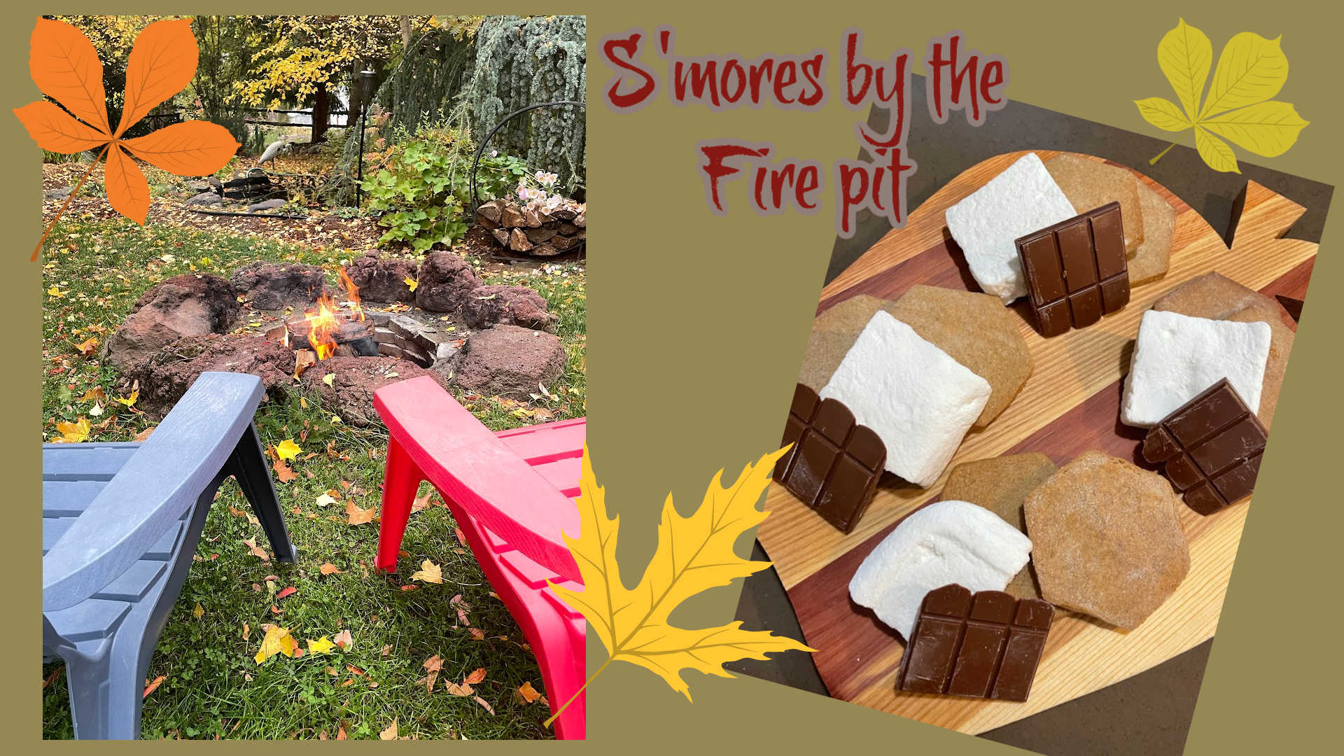 a banner with an image of a platter of s'mores and a firepit and chairs
