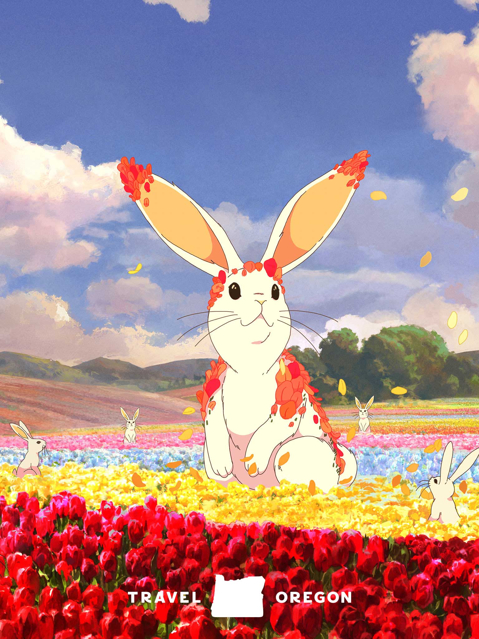 Extraordinary is Ordinary bunny from Travel Oregon in a tulip field