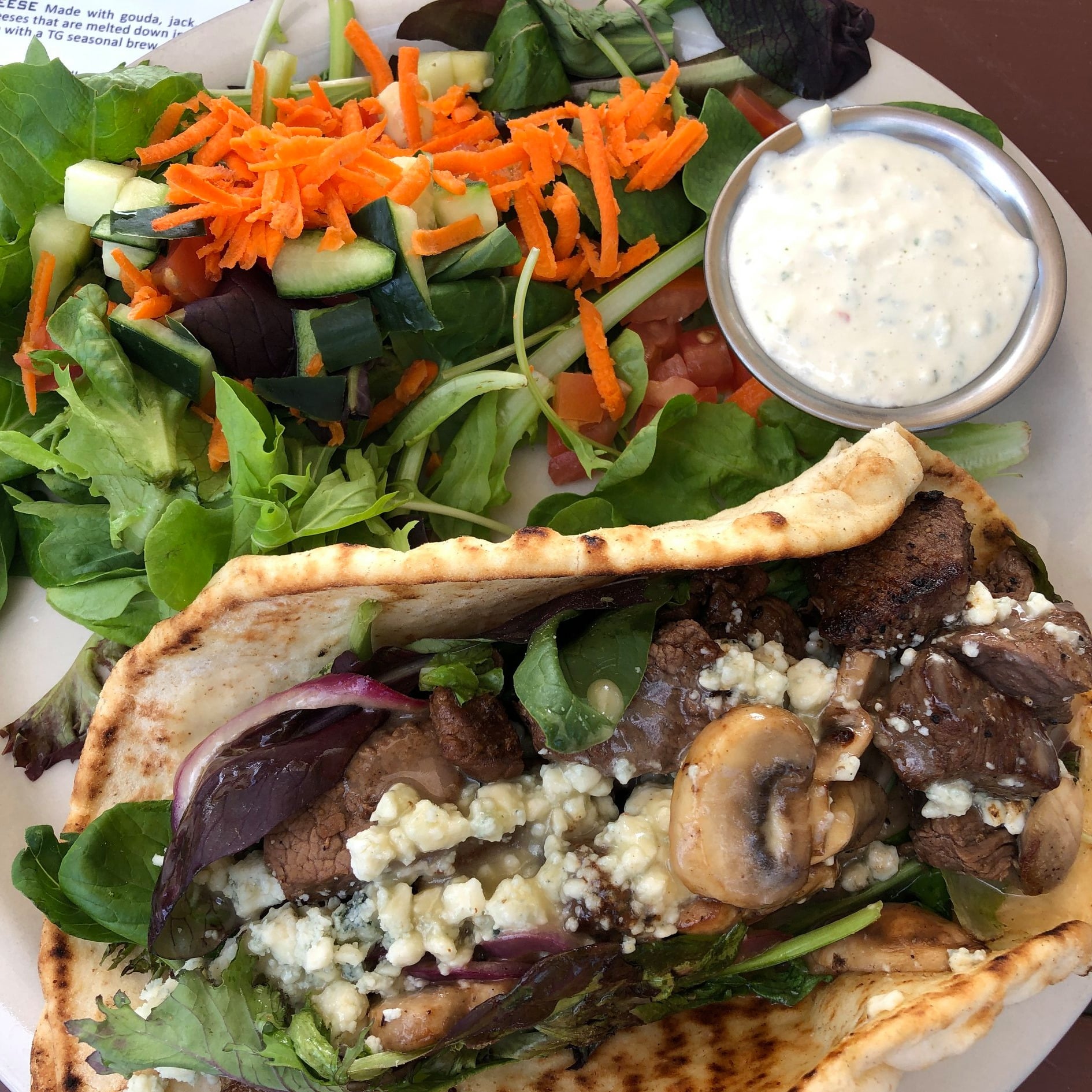 Steak Pita with green salad at Terminal Gravity Brewery