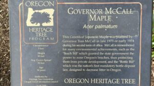 Governor McCall Maple in Oregon State Capital State Park plaque