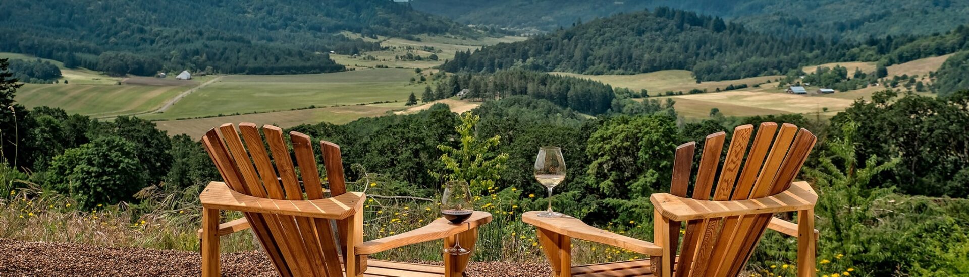 two Adirondack chair overlooking the Willamette Valley