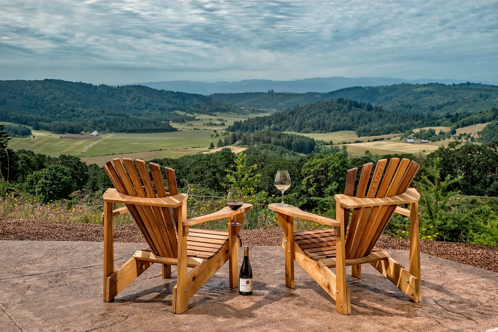 Youngberg Hill Inn and Winery Adirondack chairs overlooking the Willamette Valley