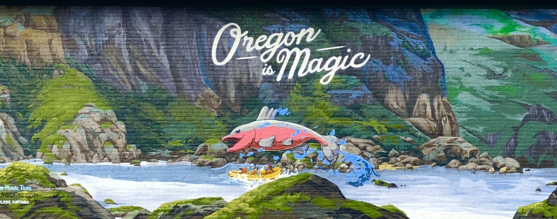 Oregon is Magic Mural with salmon and rafters in the Columbia River