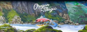 Oregon is Magic Mural with salmon and rafters in the Columbia River