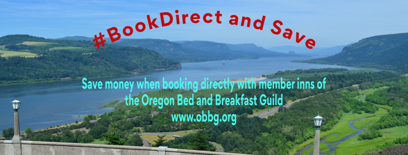banner with reasons to Book Direct. Columbia River Gorge view