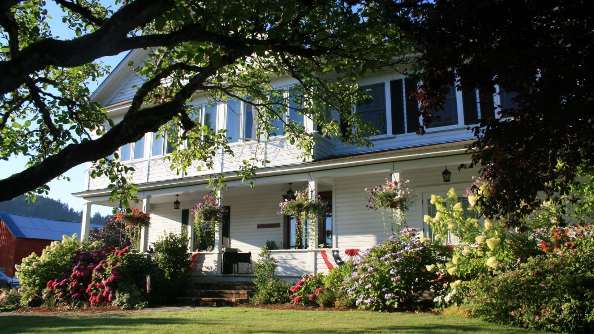 Exterior view of property painted white with white trim and dark shutters surrounded by lush bushes, flowers, and trees