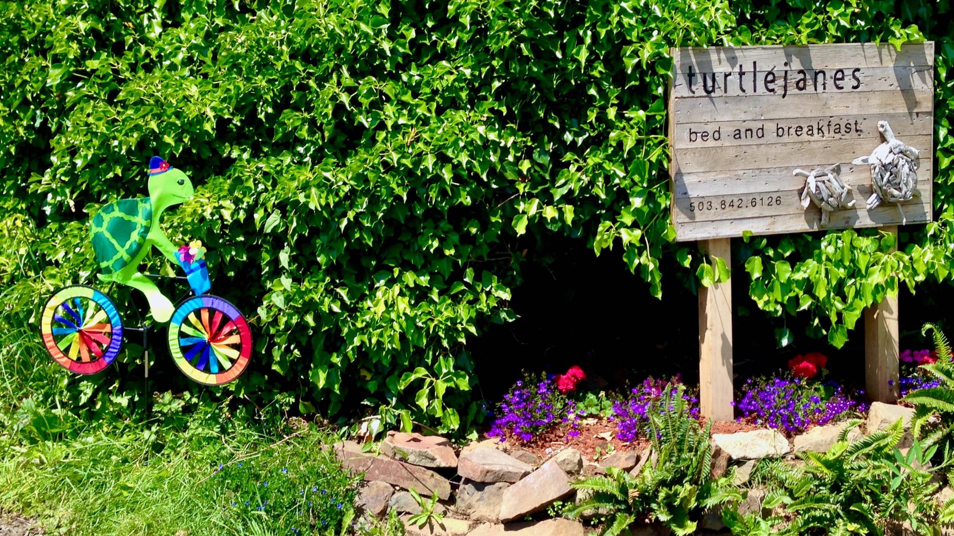 Close up view of turtlejanes bed and breakfast wooden sign surrounded by purple and pink flowers with greenery in the background